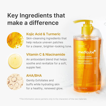 Kojic Acid Turmeric Brightening Body Wash | Gentle Shower Gel for Uneven Skin | Niacinamide, Vitamin C, AHA/BHA | Deep Cleansing, Hydrating Formula | Easy and Effective, 13.52 Fl.Oz
