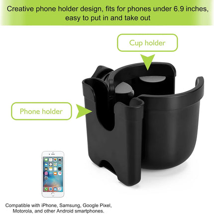 Stroller Cup Holder with Phone Holder, Bike Cup Holder, Universal Cup Holder for Uppababy Nuna Doona Strollers, 2-In-1 Cup Holder for Walker, Wheelchair, Scooter