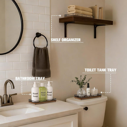Bathroom Vanity Tray for Countertop, 12" X 6" Acacia Wood Toilet Tank Tray | Metal Guardrail, Bathroom Organizer for Soap, Perfume & Skincare, Non-Slip Decorative Tray for Dresser, Black & Acacia