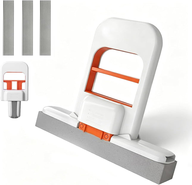 Self Squeezing Mini Mop, Mini Foldable Desktop Mop, Orange Small Sponge Mop, Wet and Dry Use Cleaning System, Replaceable Head, for Desktop, Kitchen, Counter, Glass, Tile (White)