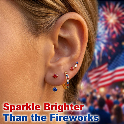 3 Pairs Dainty Small 4Th of July Earrings for Women Trendy, Birthstone Stud Huggie Hoop Jacket Stack for Cartilage Helix, Gold Plated Hypoallergenic Cute Women Fashion Accessories Western Jewelry Gifts