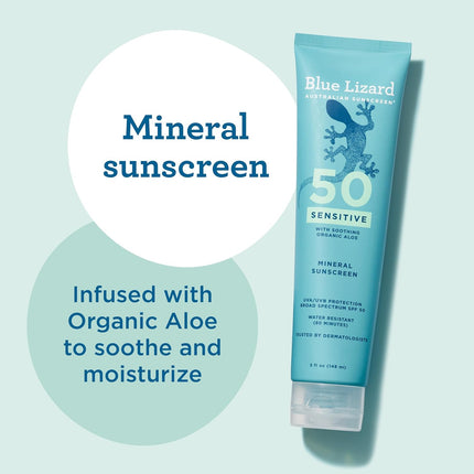 Sensitive Mineral SPF 50 Sunscreen Lotion, 100% Mineral Sunscreen, UVA/UVB Protection, Infused with Organic Aloe Vera, Soothes and Hydrates, 5 Fl Oz