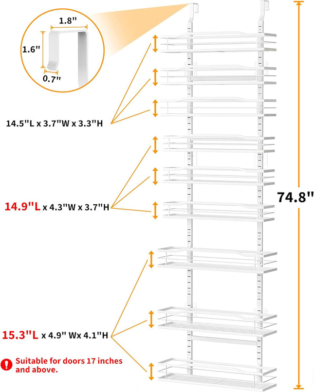 White 9-Tier over the Door Pantry Organizer, Pantry Organization and Storage, Metal Hanging Spice Rack Shelves Door, Home & Kitchen Essentials, Laundry Room Bathroom Organization