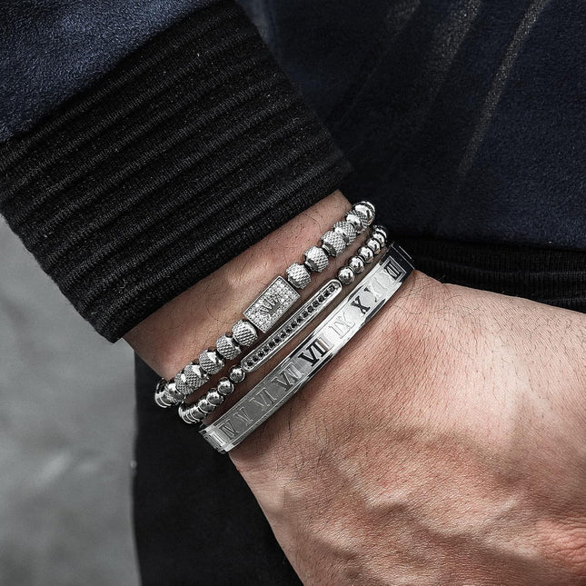 3PCS Stainless Steel Bracelets for Men Gold Roman Numeral Bangle Bracelet Twisted Cable Bracelet Adjustable Cuff Bracelet Mens Luxury Jewelry Bracelets Gifts