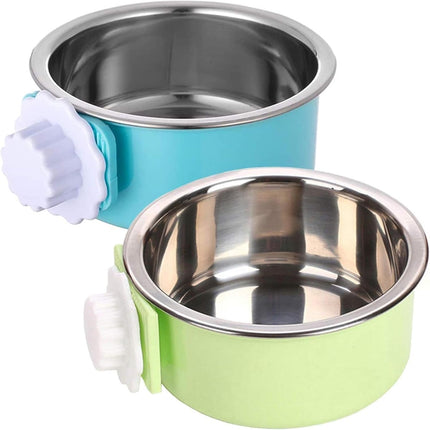 Crate Dog Bowl, Removable Stainless Steel Hanging Pet Kennel Cage Bowl Food & Water Feeder Coop Cup for Puppy, Cat, Rabbit, Guinea Pigs Ferret Bird (2 PCS, Size: M, Blue and Green)
