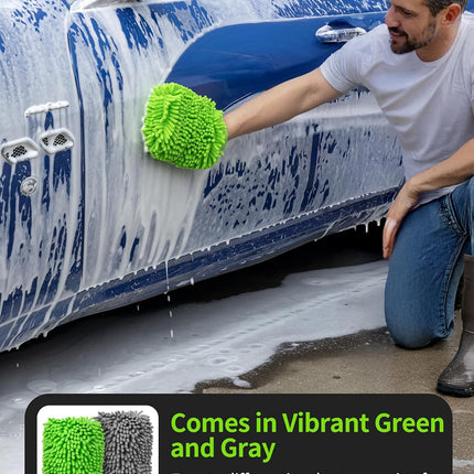 Microfiber Car Wash Mitt, Chenille Wash Mitt for Car Washing | Super Absorbent and Scratch Free, Noodle Gloves for Lifting Dirt from Car, Pack of 2, Green & Gray