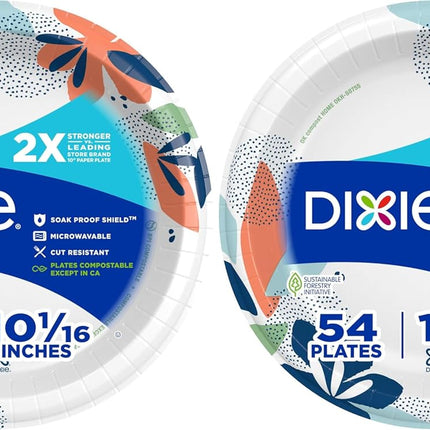 Dixie Large Paper Plates, 10 Inch, 2X Stronger*, Microwave-Safe, Soak-Proof, Cut Resistant, Disposable Plates for Everyday Breakfast, Lunch, & Dinner Meals, 54 Count (Pack of 2)