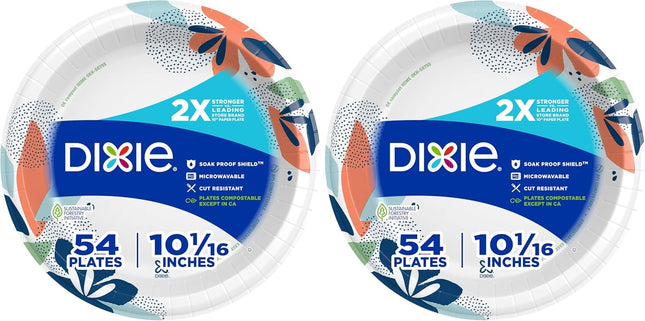 Dixie Large Paper Plates, 10 Inch, 2X Stronger*, Microwave-Safe, Soak-Proof, Cut Resistant, Disposable Plates for Everyday Breakfast, Lunch, & Dinner Meals, 54 Count (Pack of 2)