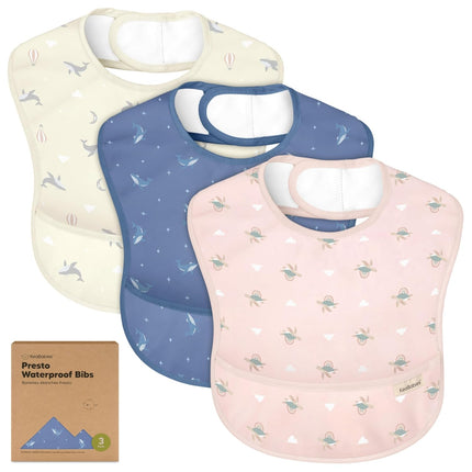 3-Pack Waterproof Baby Bibs for Eating, Lightweight (Marine Muse) | Toddler Feeding Bibs with Large Food Catcher, Mess Proof, Food-Grade, Baby Eating Essentials, Easy to Put on & Clean