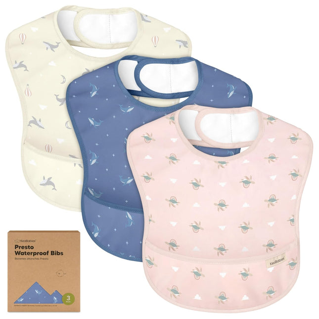 3-Pack Waterproof Baby Bibs for Eating, Lightweight (Marine Muse) | Toddler Feeding Bibs with Large Food Catcher, Mess Proof, Food-Grade, Baby Eating Essentials, Easy to Put on & Clean