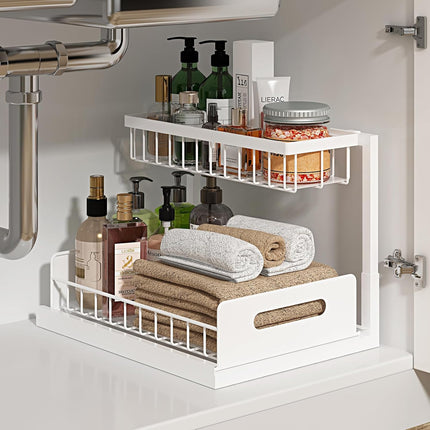 under Sink Organizer, Pull Out Cabinet Organizer 2 Tier Slide Out Sink Shelf Cabinet Storage Shelves, under Sink Storage for Kitchen Bathroom Cabinet, White, 1 Pack