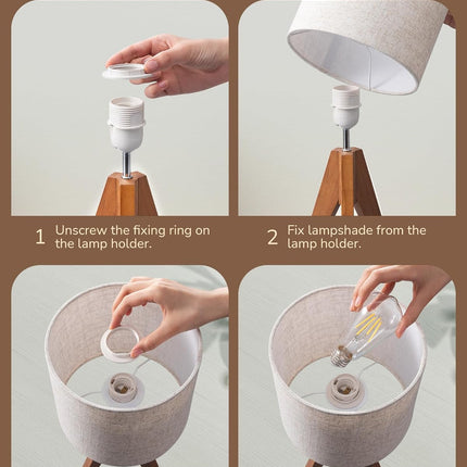 Tripod Table Lamp, Small Cute Bedside Lamp, 14.2 Inch, E26 Base | Light Brown Wooden Base, Linen Beige Lampshade, Nightstand Lamp for Nursery, Bedroom, Kid Room, Living Room