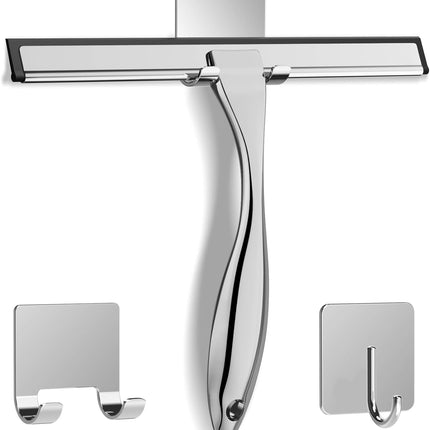 All-Purpose Stainless Steel Shower Squeegee for Shower Glass Door with 2 Adhesive Hooks, Bathroom Cleaner Tool Household Window Mirror Squeegee , Cleaning Tile Wall, Car, 10 Inch Silver