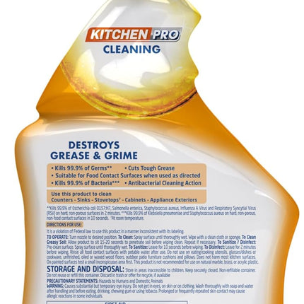 Pro Kitchen Spray Cleaner and Degreaser, Antibacterial All Purpose Cleaning Spray for Kitchens, Countertops, Ovens, and Appliances, Citrus Scent, 22Oz