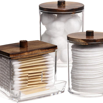 3 Pack Qtips Holder Bathroom Container, 10 Oz Cotton Ball/Swabs Dispenser, Apothecary Jar Organizer for Storage Brown Wood Lids