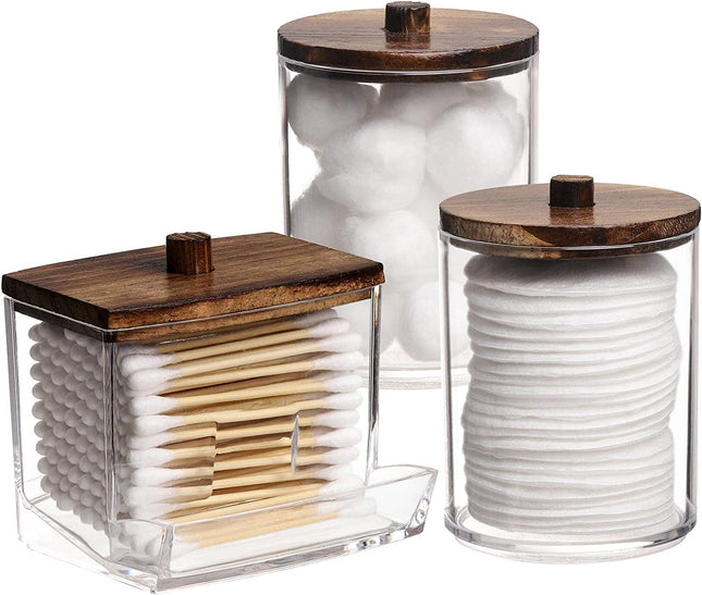 3 Pack Qtips Holder Bathroom Container, 10 Oz Cotton Ball/Swabs Dispenser, Apothecary Jar Organizer for Storage Brown Wood Lids