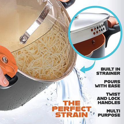 5 Quart Stock Pot Multipurpose Pasta Pot with Strainer Lid & Twist and Lock Handles, Nonstick Ceramic Surface Makes for Effortless Cleanup with Tempered Glass Lid, Dishwasher Safe | Twist and Lock Handles, Non Toxic Ceramic Non Stick Coating, for Cooking Soup, Spaghetti, Rice, Dishwasher Safe - Copper
