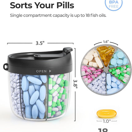 Cute Pill Dispenser with 7 Large Compartments, Portable Pill Bottle Organizer with Wide Opening for Easy Use, Anti-Mix Pill Organizer for Travel, Bpa-Free Pill Container, Black
