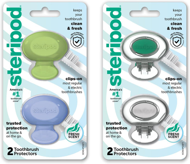 Clip-On Toothbrush Protector, Keeps Toothbrush Fresh and Clean, Fits Most Manual and Electric Toothbrushes, Blue, Green, Clear, 4 Count