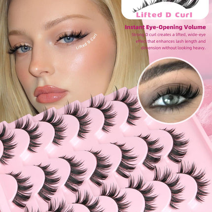 False Eyelashes Bunny Lashes Strips Spiky Eyelashes Natural Look Faux Mink Lashes C Curl 15Mm Wispy Manga Lashes Clear Band Soft Strip Eyelashes Pack for Goth Makeup, 14 Pairs