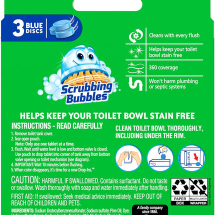 Scrubbing Bubbles Continuous Clean Toilet Drop-Ins - Automatic Blue Toilet Bowl Cleaner, Septic-Safe Tank Tablets for Hard Water Mineral & Limescale Removal, Stain and Odor Protection, 3 Count