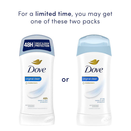 Dove Antiperspirant Stick, All Day Sweat Control, Kind to Skin, Alochol Free, Scent: Original Clean, Size: 2.6 Oz (2 Pack)