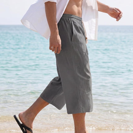 Men'S Linen Cotton Capri Pants Loose Fit Elastic Waist Wide Leg Baggy Harem Pants