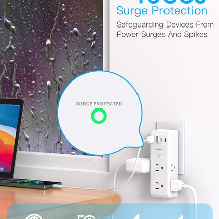 Surge Protector Outlet Extender - with Rotating Plug, 6 AC Multi Plug Outlet with 4 USB Ports (2 USB C), 1800J Wall Charger, 3-Sided Power Strip with Spaced Outlet Splitter for Home, Office, Travel