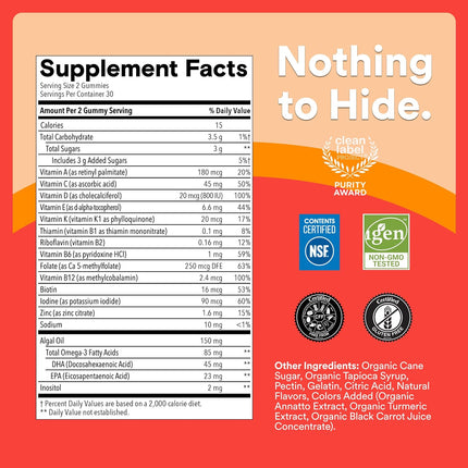 Kids Multivitamin Gummies with Omega 3 DHA/EPA, Vitamins D3, C, B12, B6, A, K, and Zinc, Gluten Free, Clean Label, Three Fruit Flavors, 60 Gummies (30 Day Supply)