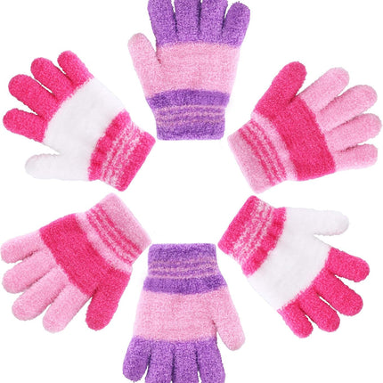 3 Pairs Winter Knit Gloves for Kids Stretchy Full Finger Fluffy Mittens for Toddler Boys Girls 1-11 Years