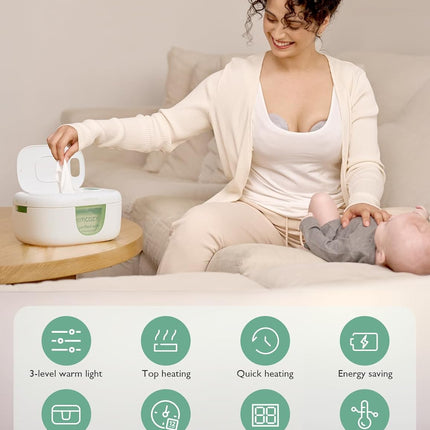 Baby Wipe Warmer, Innovative Spring Design, Large Capacity Wipes Dispenser, Fast and Even Heating, 4 Modes of Temperature Heating Control, Diaper Wipe Warmer with Night Light