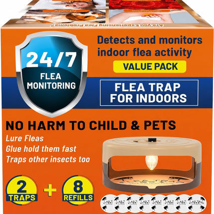 2 Pack Flea Traps for inside Your Home, Indoor Flea Light Trap with 8 Sticky Pads & 4 Replacement Bulbs, Indoor Flea Trap Sticky Insect Catcher for Fleas, Moths & Gnats