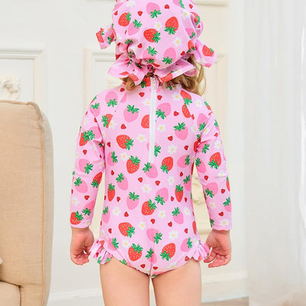 Baby Girl Swimsuit Long Sleeve One-Piece Swimwear with Hat Rash Guard Ruffle Floral Zipper Beach Infant Bathing Suit