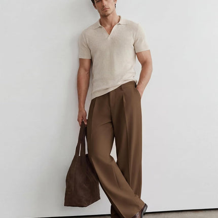 Mens Casual Dress Pants Pleated Old Money Wide Leg Baggy Pants Fall Relaxed Fit Slacks Work Trousers