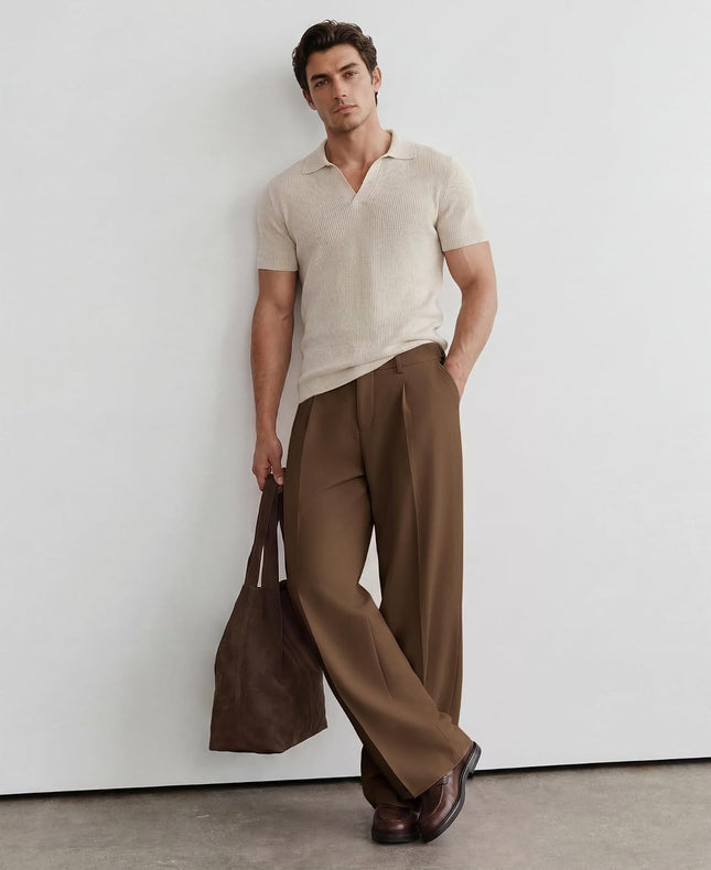 Mens Casual Dress Pants Pleated Old Money Wide Leg Baggy Pants Fall Relaxed Fit Slacks Work Trousers