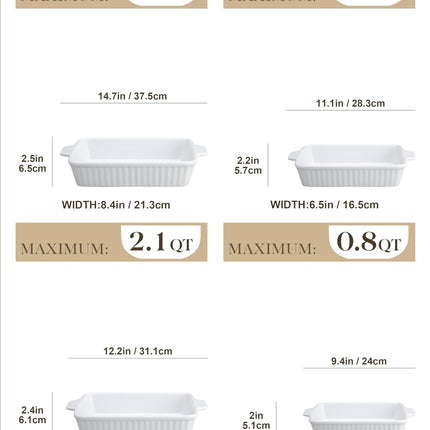 Ceramic Casserole Dish Set of 4 – Rectangular Porcelain Baking Dishes with Handles, Oven-Safe Lasagna Pans for Baking, Roasting & Serving, White