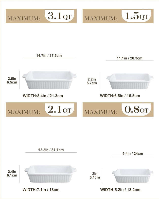 Ceramic Casserole Dish Set of 4 – Rectangular Porcelain Baking Dishes with Handles, Oven-Safe Lasagna Pans for Baking, Roasting & Serving, White