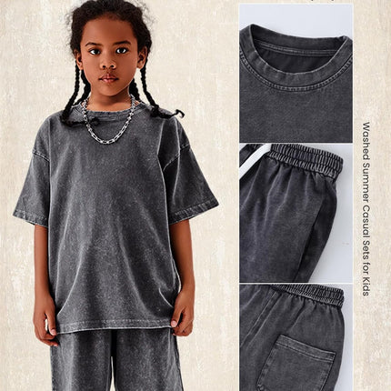 Boys Summer Outfits Acid Wash Short Sets 2 Piece Matching Clothes Set | Soft Cotton,Acid Wash,Relaxed Tee & Drawstring Shorts Set,Casual Streetwear