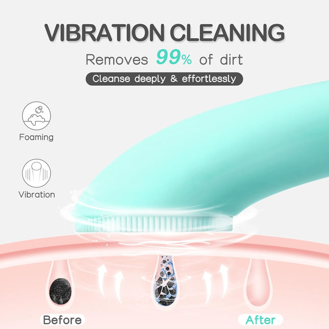 Silicone Face Scrubber, Rechargeable Facial Cleansing Brush with Heat Massage End, Vibrating Exfoliator Scrubber for Deep Cleaning, Waterproof Face Brush for Women and Men (Green)