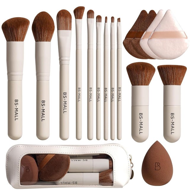 Makeup Brush Set 11Pcs Bamboo Synthetic Kabuki Brush Set Foundation Powder Blending Concealer Eye Shadows Blush Cosmetics Brushes with Organizer Bag & Makeup Sponge (Beige)