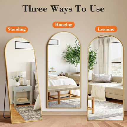 64"X21" Arched Full Length Floor Mirror, Full Body Mirror with Stand, Shatterproof Tempered Glass, Modern Aluminum Alloy Frame, Free Standing or Leaning for Home Decor, Gold