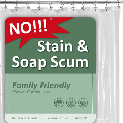 Plastic Shower Liner Clear - Premium PEVA Shower Curtain Liner with Rustproof Grommets and 3 Magnets, Waterproof Cute Lightweight Standard Size Bathroom Curtains - Clear