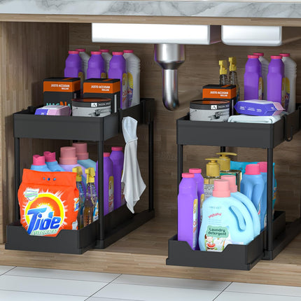 under Sink Organizer 2 Pack, Bathroom Cabinet Organizer, 2 Tier Sliding Cabinet Basket Organizer Drawer, Multi-Purpose Bath Collection Baskets for Bathroom (Black)