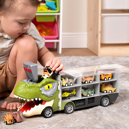13 in 1 Dinosaur Toys for Kids 3-5, Transport Dinosaur Carrier Truck with 12 Pull Back Cars, Toddler Toys 3-4， Birthday Gifts for 3 4 5+ Year Old Boys