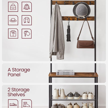 VASAGLE Coat Rack, Hall Tree with Shoe Storage Bench, Entryway Bench with Shoe Storage, 3-In-1, Steel Frame, for Entryway, 12.6 X 27.6 X 68.9 Inches, Industrial, Rustic Brown and Black UHSR41BX