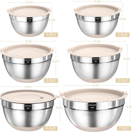 Mixing Bowls with Airtight Lids Set, 26PCS Stainless Steel Khaki Bowls with Grater Attachments, Non-Slip Bottoms & Kitchen Gadgets Set, Size 7, 4, 2.5, 2.0,1.5, 1QT, Great for Mixing & Serving
