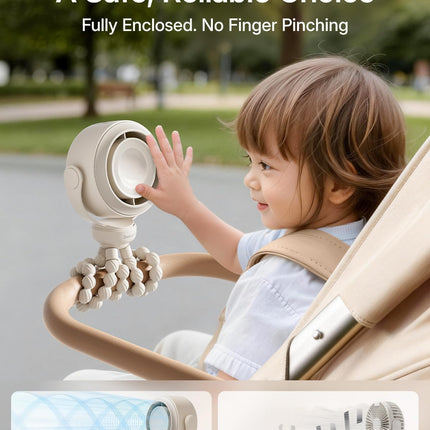 Portable Stroller Fan, Pinch-Proof Baby Fan, 5-Speed Quiet Mini Clip on Fan, USB-C Rechargeable Battery, LED Display for Car Seat, Crib & Travel - Cream