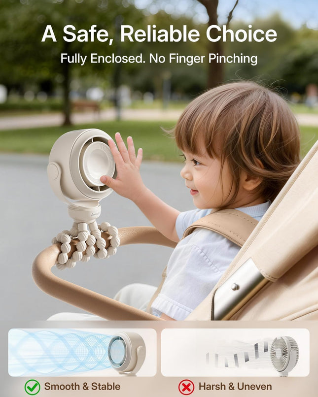 Portable Stroller Fan, Pinch-Proof Baby Fan, 5-Speed Quiet Mini Clip on Fan, USB-C Rechargeable Battery, LED Display for Car Seat, Crib & Travel - Cream