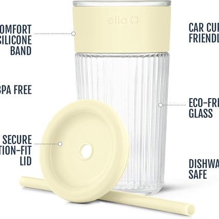 Ava 18Oz Glass Tumbler with Straw and Lid | Premium Ribbed Glass with Silicone Grip, Car Cup Friendly, Dishwasher Safe, BPA Free | Iced Coffee, Water, Matcha, Juice Cup | Butter Yw