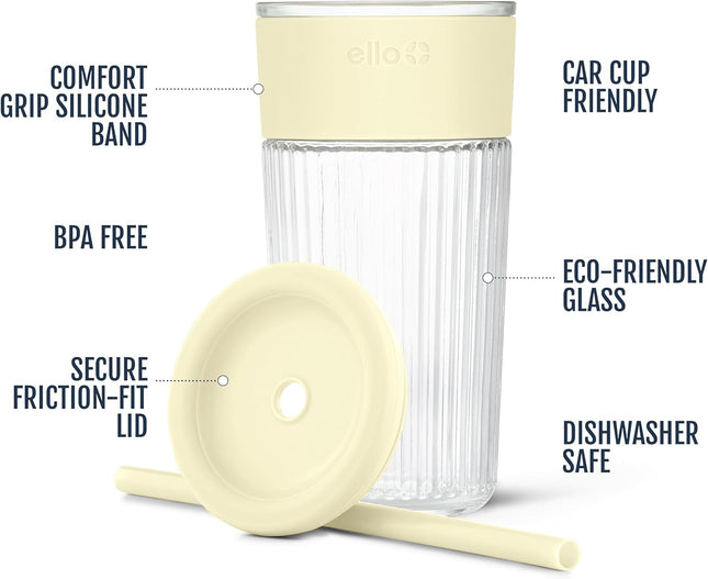 Ava 18Oz Glass Tumbler with Straw and Lid | Premium Ribbed Glass with Silicone Grip, Car Cup Friendly, Dishwasher Safe, BPA Free | Iced Coffee, Water, Matcha, Juice Cup | Butter Yw